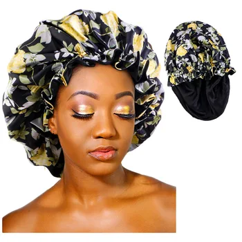 Baoli 38cm Extra Size Ruffles Sleeping Cap Floral Sleep Hats Satin Women Bonnets Double Layer with Elastic Band