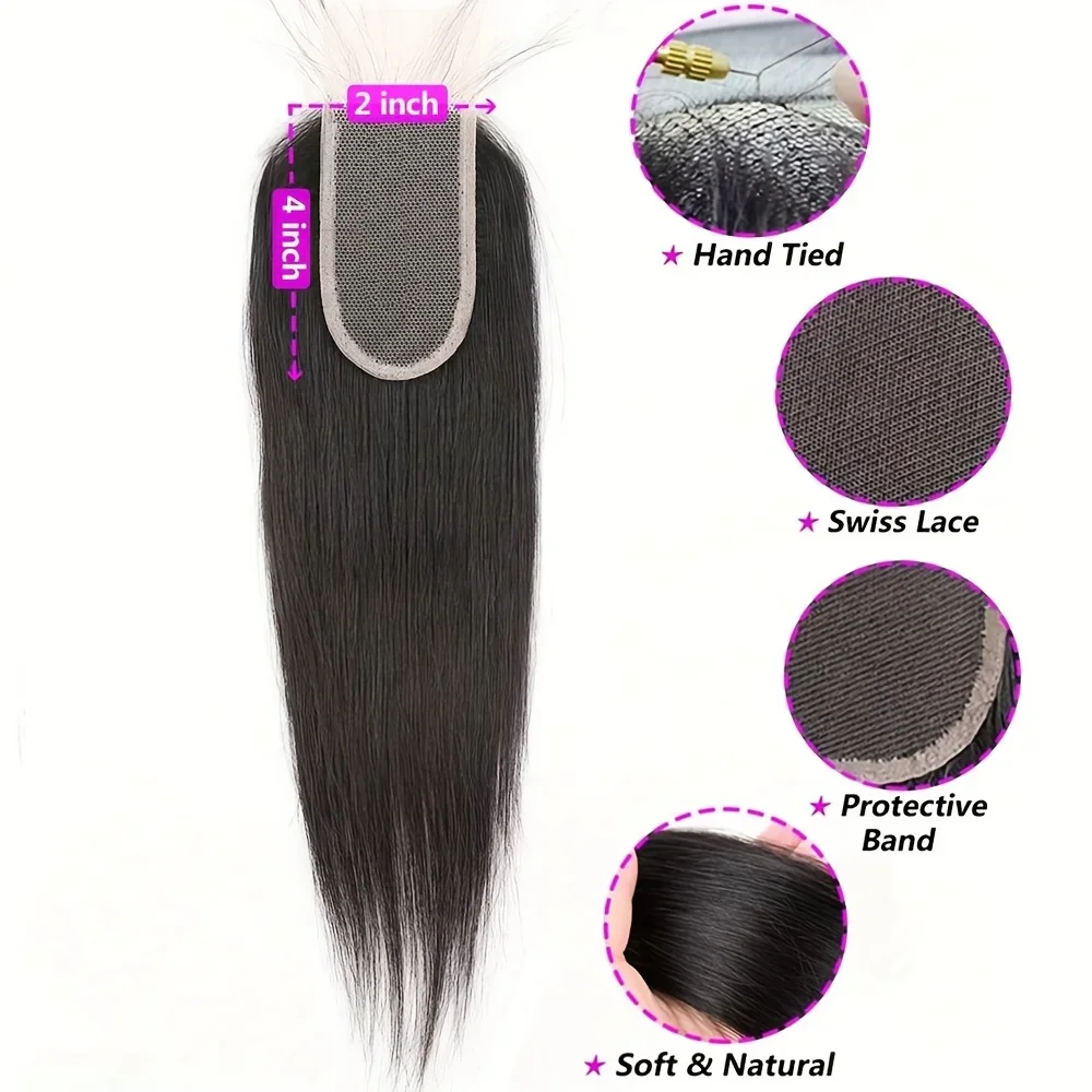 Straight Human Hair Lace Closure 2x4 Hand Tied Pre-plucked Baby Hairs Middle Part Natural Color Women_voghion.com