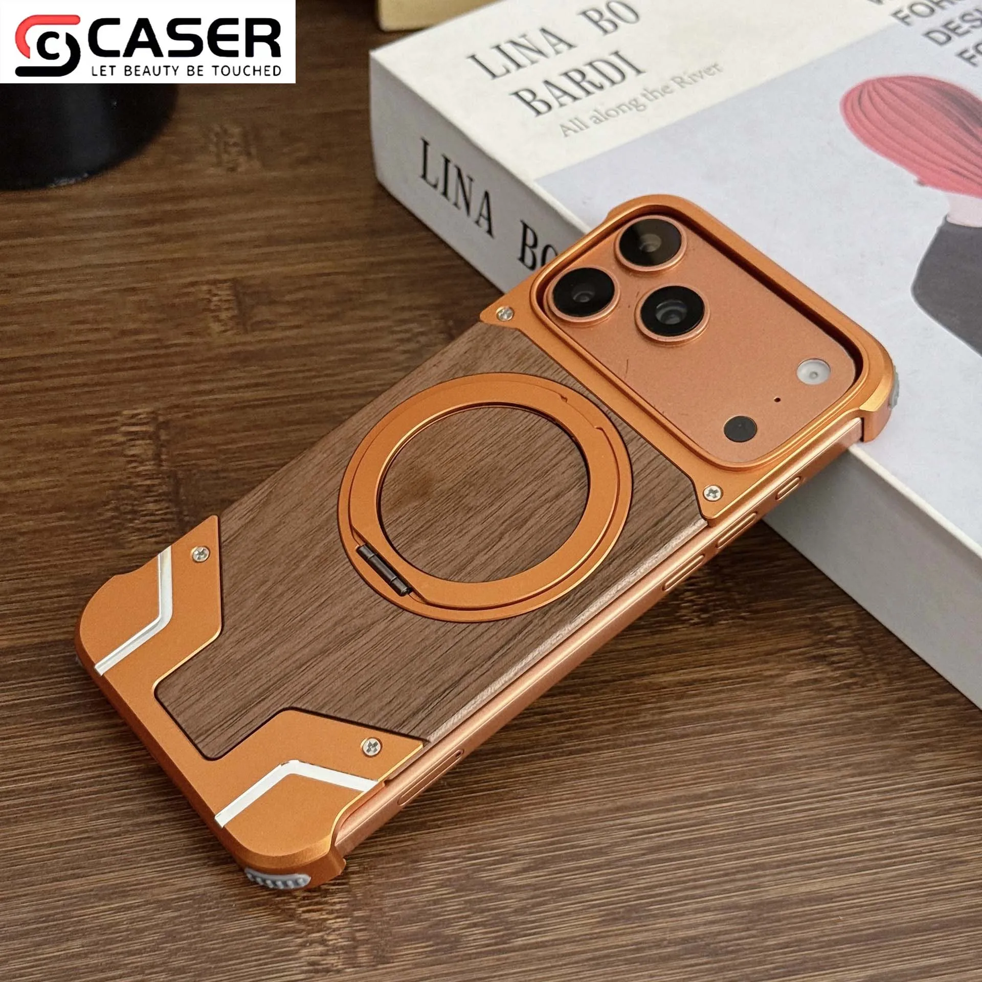 Magnetic Ring Phone Case With Hidden Kickstand Natural Walnut Wood Metal Bezel Anti Drop Cool Mecha Phone Cover for iPhone 13-17