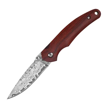 OEM Customizable High Quality Damascus Steel Folding Knife Red Sandalwood Handle Tactical Outdoor Camping Hiking Pocket Knives