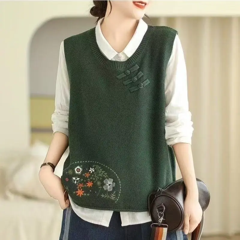 Vintage Artistic Women's Tank Tops Spring Autumn Casual Anti-Pilling Sweater Coat O-Neck