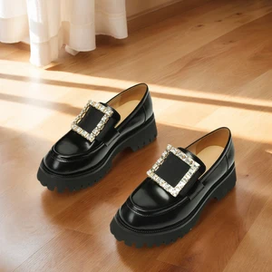 Women's British Style Loafers for Summer Super Fire Black Thick-Sole Square Toe Hard-Wearing Fashionable New Spring Collection