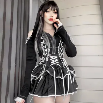 Goth Punk Red Bandage Skirt Streetwear Sexy High Waist Mini Skirts Harajuku Black Patchwork A Line Skirts Gothic Clothes