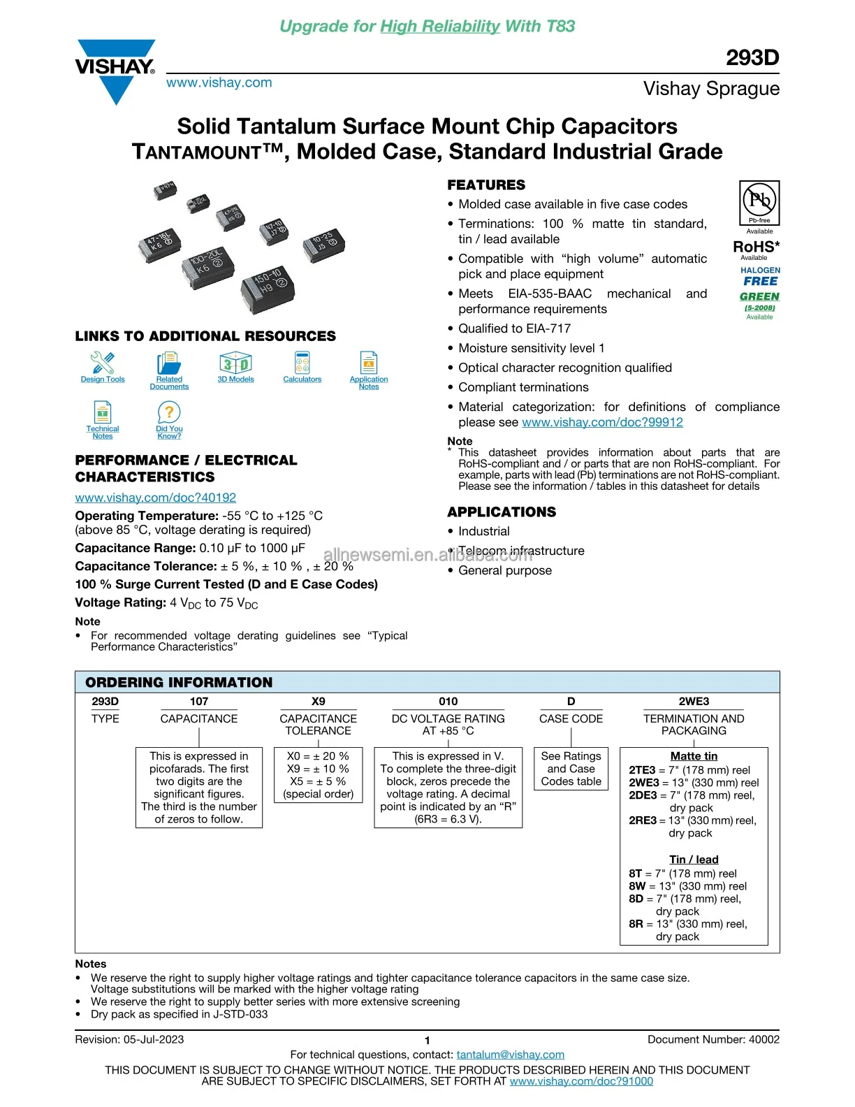 Hot sale Original 293D686X9020D2TE3 CAP TANT 68UF 10% 20V 2917 68uF Molded  Tantalum Capacitors 20 V 2917 (7343 Metric) 700mOhm