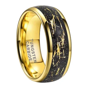Coolstyle Jewelry 8mm Wholesale Black Sandblasted Stone Gold Foil Inlay Engagement Wedding Band Tungsten Ring for Men Women