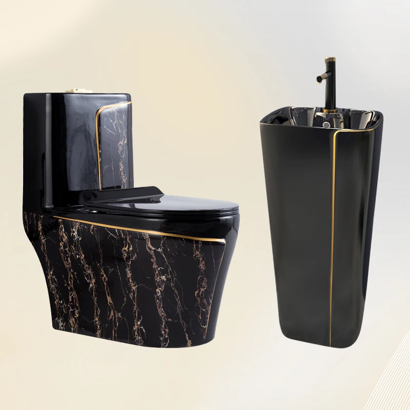 One Piece Black Gold Toilet Bowl Combo Luxury Water Closet Ceramic Bathroom WC Toilet Sink Set