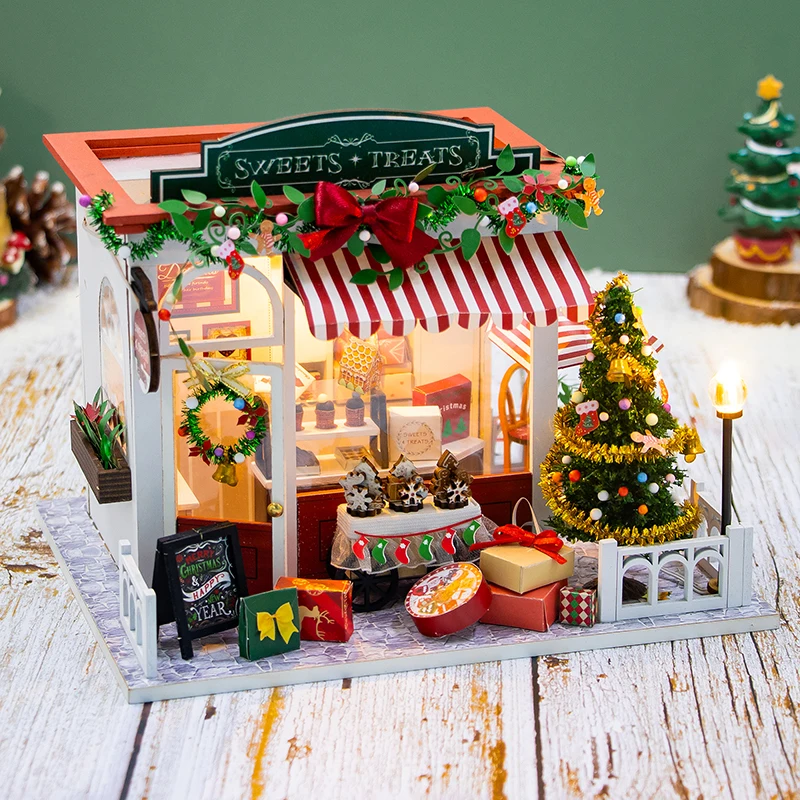 New Christmas Dollhouse Miniature Wooden Doll House Kit DIY Wooden Craft Construction Kit Kids Garden Mini Doll House Set