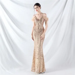 Elegant Slim-Fit Fishtail Evening Dress Long Banquet Flower Sequin Sling Natural Waistline Anti-Static Breathable