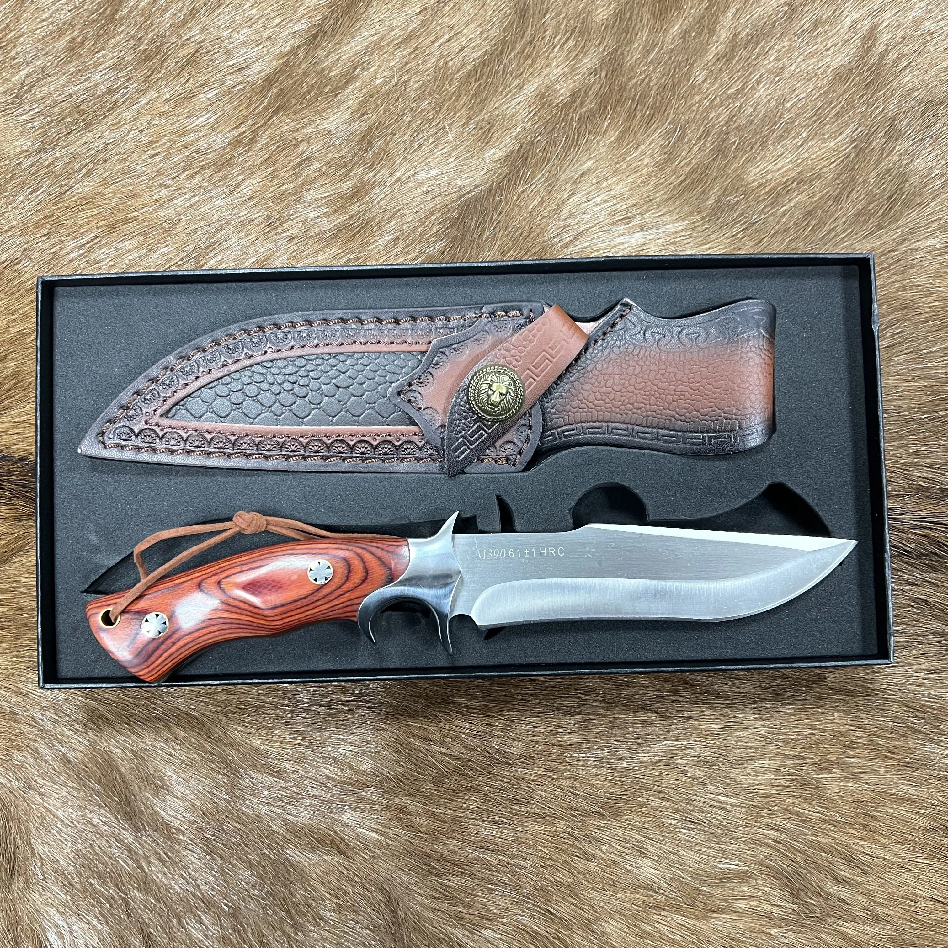 Premium Grade First Polished Hunting Knife with Wood Handle Survival Knife with Leather Sheath M390 Steel Fixed Blade Knife