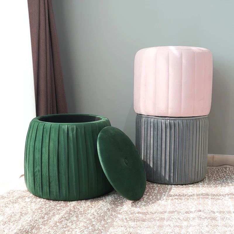 2021 Modern Space Saving Velvet Prouf Round Green Fabric Storage Ottoman