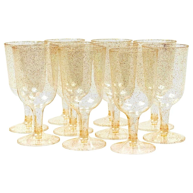 6oz Sturdy & Reusable 50 Gold Plastic Glitter Wine Goblet Glasses for Weddings Birthdays Bridal Shower & Parties