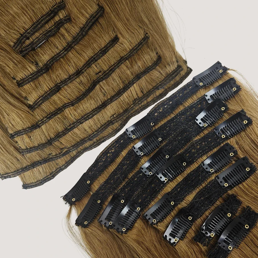 Clip-In-Haarverlängerungen, 8 Stück/Set, glattes Echthaar, hellbraun, nahtlos, Hautschuss, Clip-On-Haarteile_voghion.com