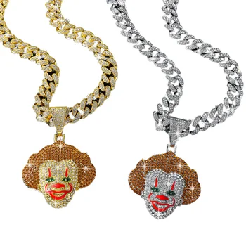 Zinc Alloy Hip Hop Punk Rhinestone Clown Pendant Necklace with