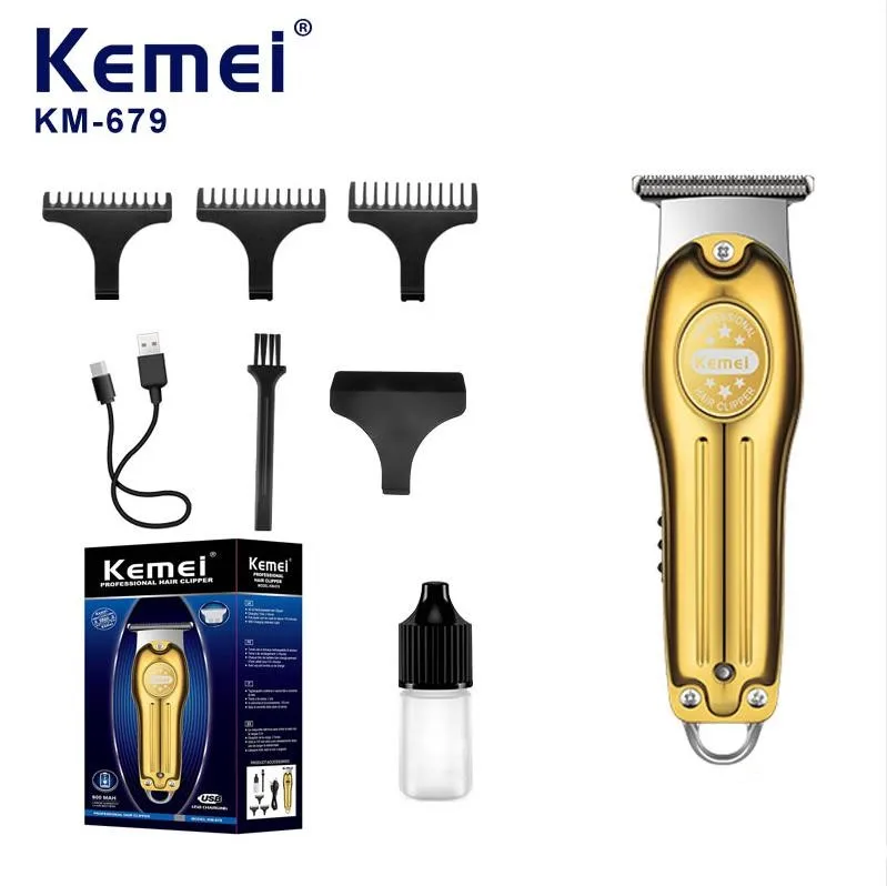 Kemei KM-679 ماكينة حلاقة شعر كهربائية قابلة لإعادة الشحن عبر USB، ماكينة تشذيب شعر احترافية للجسم المعدني