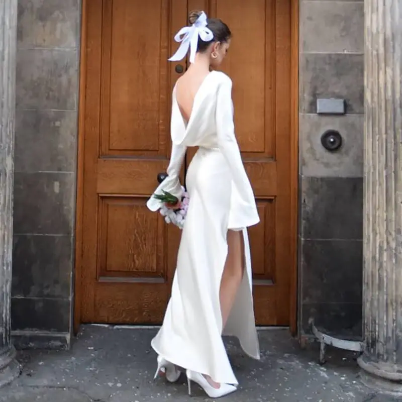 Elegant Women's Autumn Evening Dress Backless Long Sleeve Solid Satin Split Maxi Dress Femme Chic Slim Party Dresses Elegant Women's Autumn Evening Dress Backless Long Sleeve Solid Satin Split Maxi Dress Femme Chic Slim Party Dresses