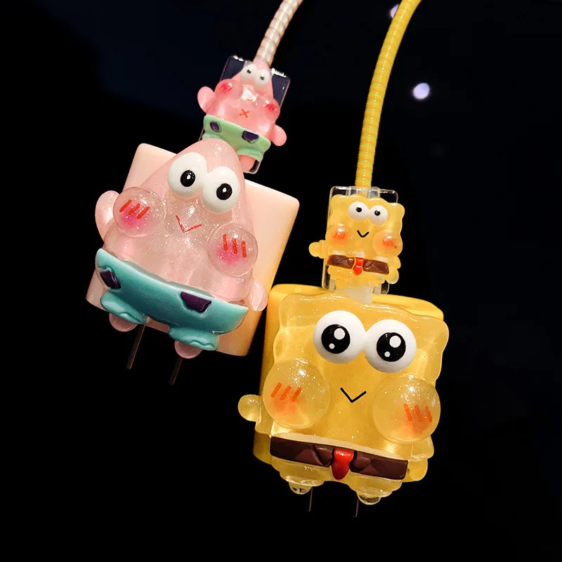 SpongeBob Usb Charger Case Protector for Apple 18W/20W Mobile Phone Accessories Winder Spiral Cable Protector Shell for IPhone