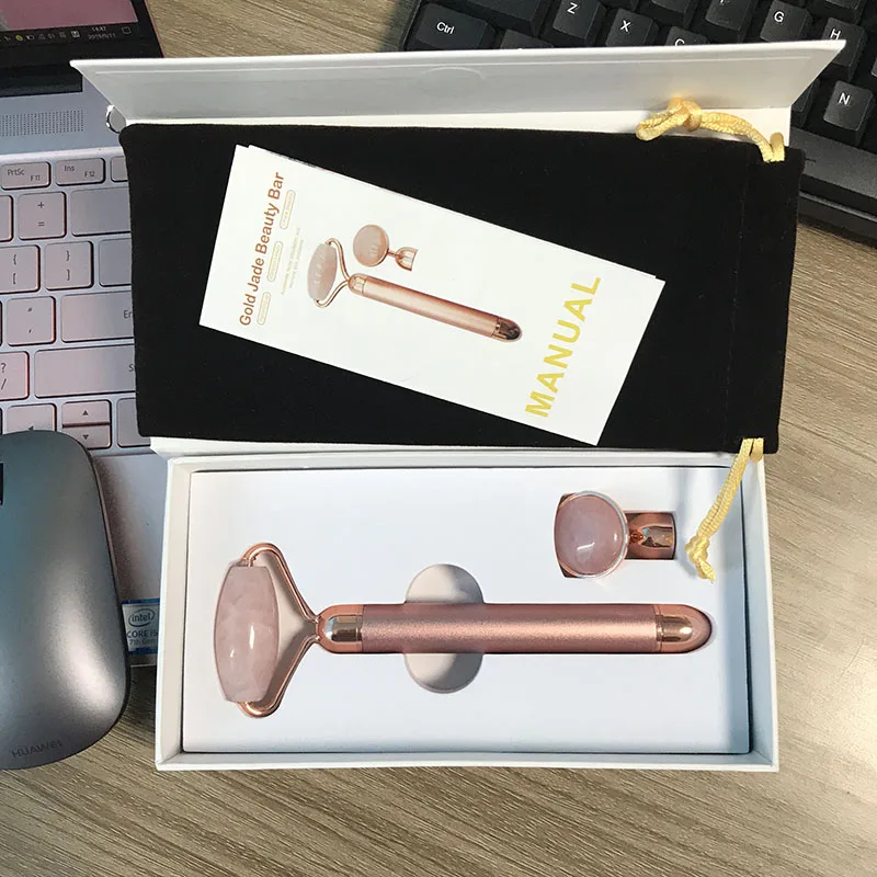 New 2 in 1 Electric Vibrating Quartz Roller Rose Jade Facial Massager for Women Skincare electric jade