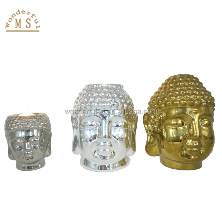 Imitation ceramic buddha head candle holder gift tea light holder pearl golden silver glazed desktop decoration
