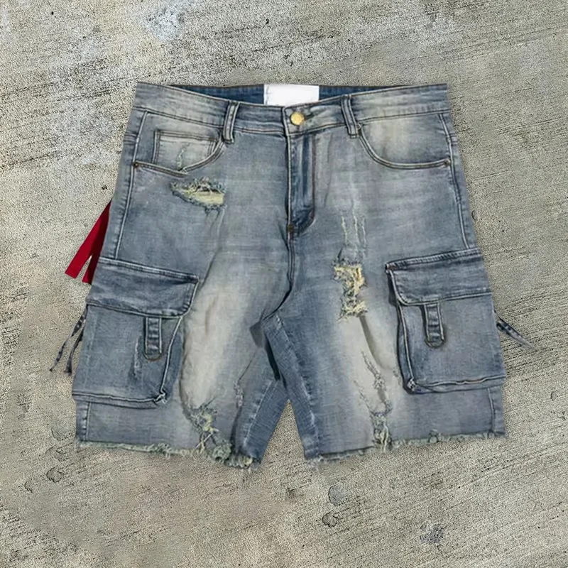Custom Heavyweight Summer Multi Pocket Denim Trousers Unisex Acid Pickling Lower Hem Cut Edge Denim Pant Ripped Jeans for Men gallery 2