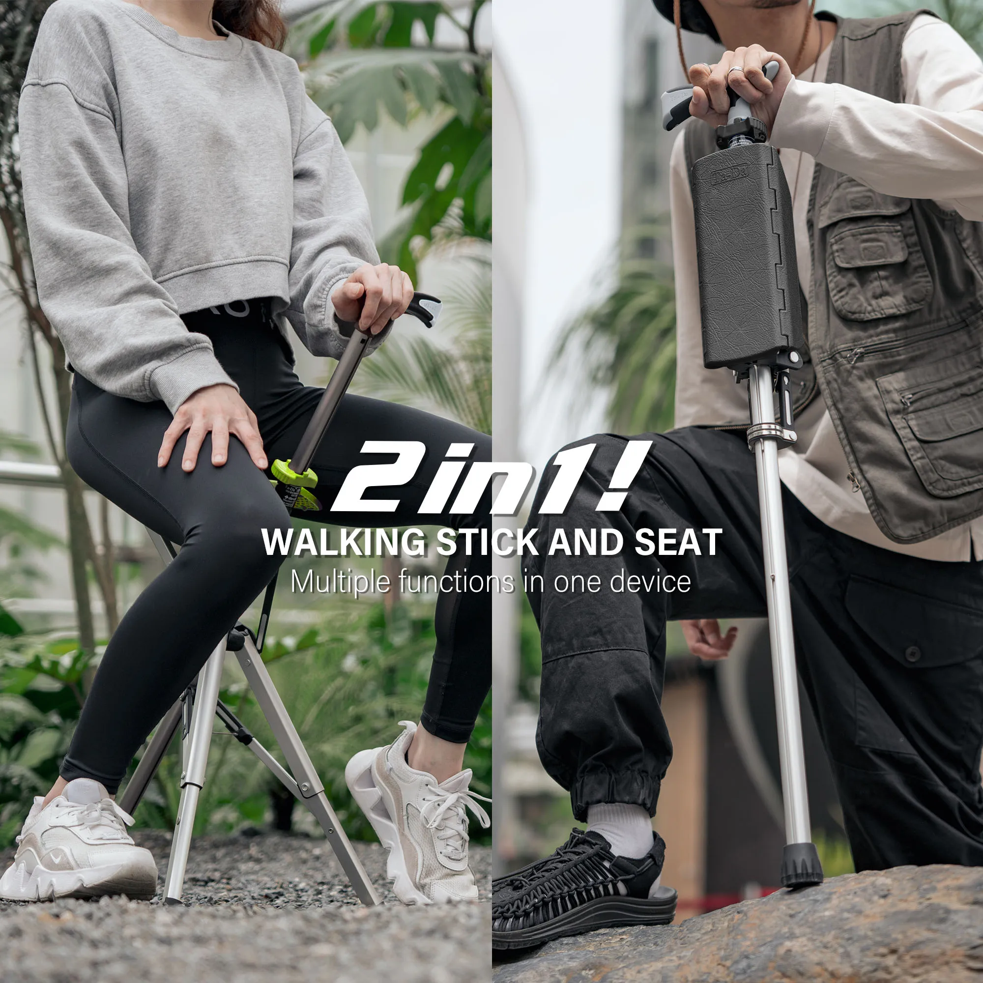 Automatically Open Ta-Da Chair Series1 Black 82cm Walking Stick Crutch Chair Stool for Mountaineering