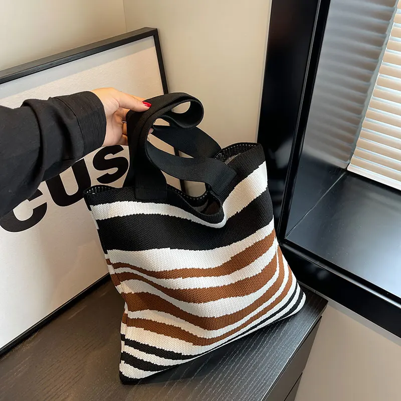 product washable soft durable casual chic tote bag fly knitting tote small size open closure polyester knitted fabric bag-12