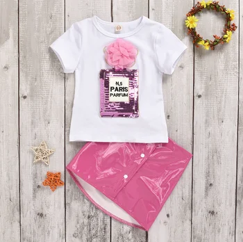 cute kids clothing 2 Pcs Sets wholesale Toddler Kids Baby Girl Clothes Short Sleeve White T-shirt +Mini PU Skirt Outfits Set