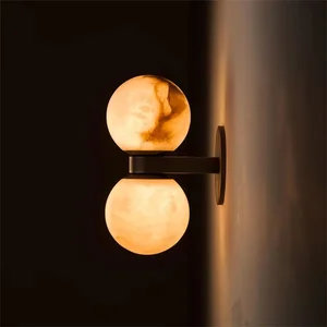 Modern Simple American Retro Double Head Ball Lamp Spanish Natural Marble Wall Lamp with LED Light for Bedroom & Living Room