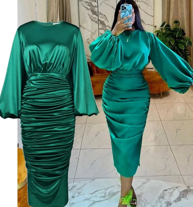 Y307044 Pleated Green Satin Dresses Long Lantern Sleeve High Waist Soft Midi Evening Birthday Club Party Plus Size Woman Outfits Y307044 Pleated Green Satin Dresses Long Lantern Sleeve High Waist Soft Midi Evening Birthday Club Party Plus Size Woman Outfits