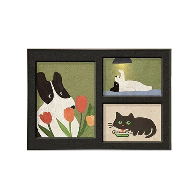 Cute Dog Cat Wall Art Canvas Print With Tulip Flowers Neutral Green Beige Background Whimsical Minimalist Living Room Home Decor