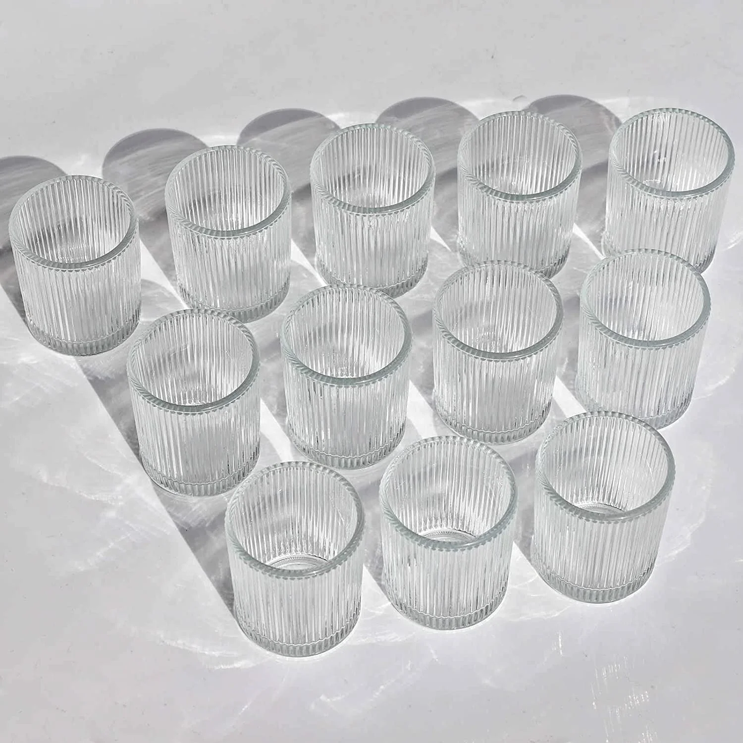 3 Ounce Retro Small Cylinder Vertical Stripe Ribbed Glass Candle Holder Votive Wax Jar for Tealight