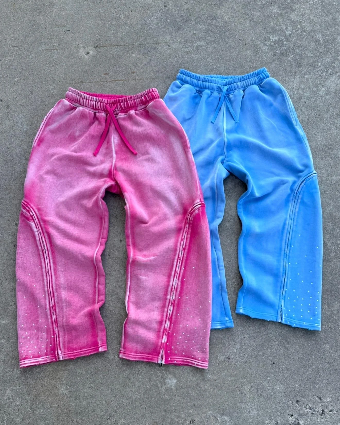 Salati OEM Custom Men's Wide Leg French Terry Zipper Patchwork Rhinestone Cotton Acid Wash Colorful Flared Baggy Sweatpants gallery 4