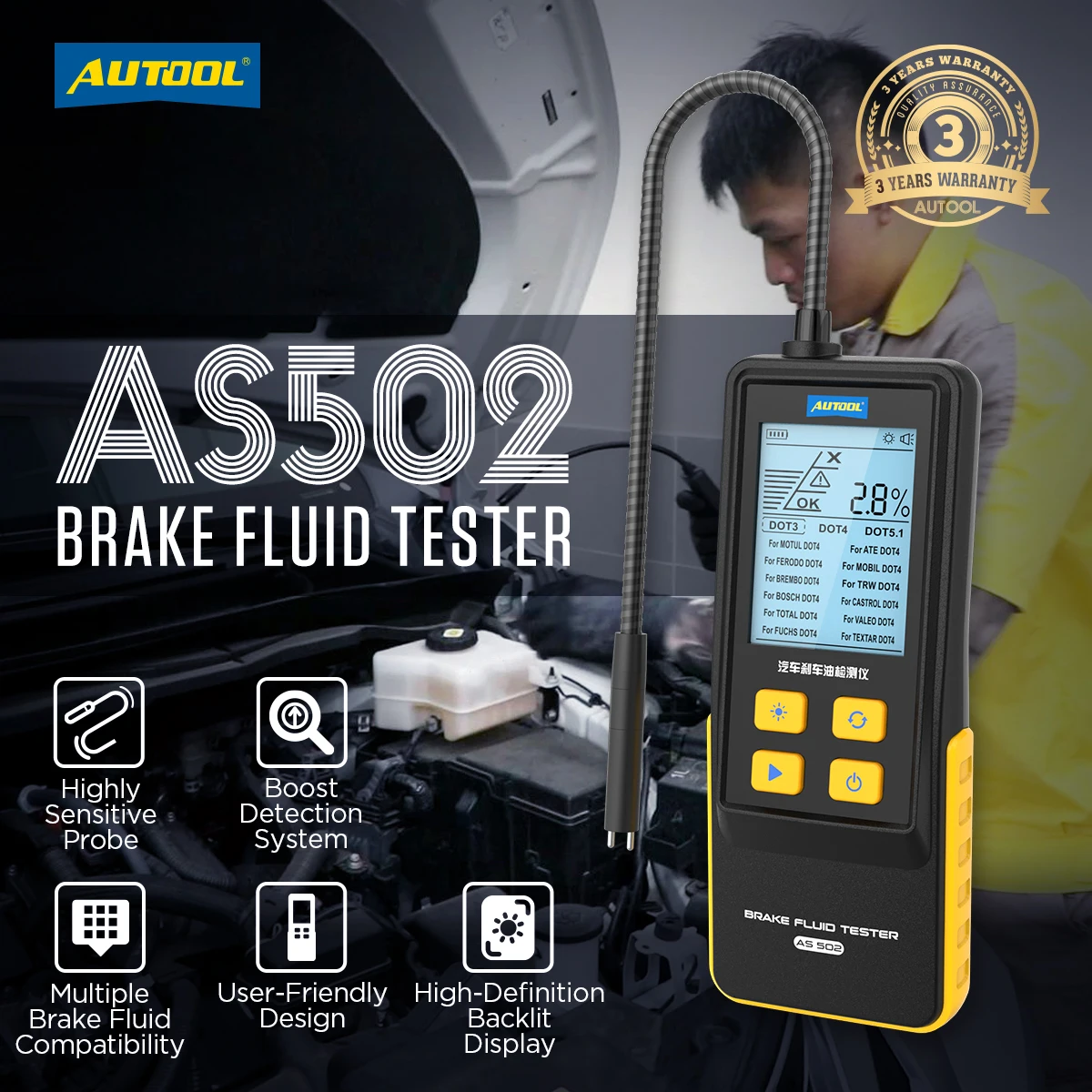 AUTOOL Factory AS502 Professional Electronic Dot Brake Fluid Digital Tester for Cars