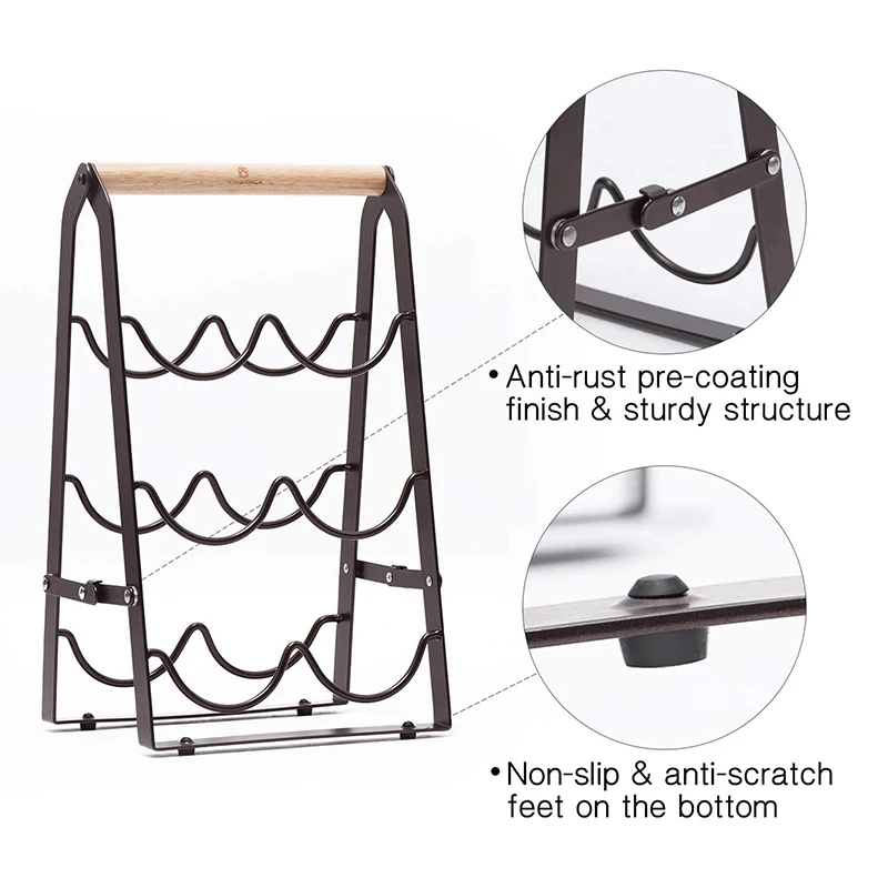 Складной 3-х уровневая бамбуковой ручкой металлический винный держатель для бутылки Бесплатная доставка Декоративные 6 бутылка стеллаж демонстрации вина с нескользящей подошвой