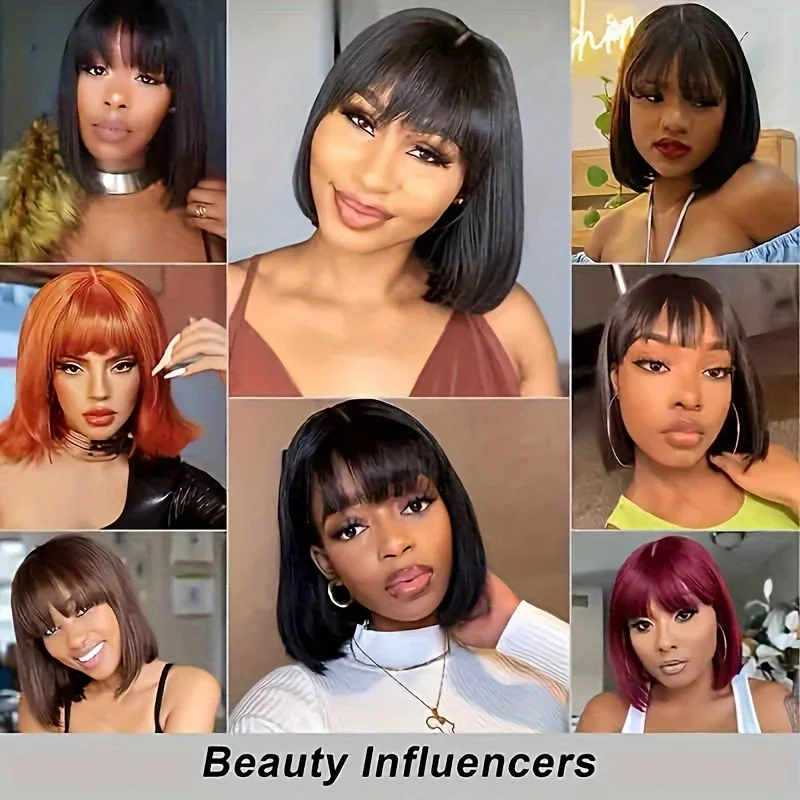 Brazilian Straight Bob Lace Wigs 100% Human Hair Bangs Fringe Middle Part Realistic Scalp_voghion.com