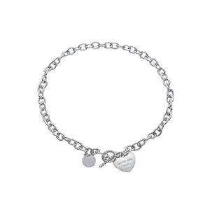 Wholesale Custom 2 Piece Jewelry Set Heart Charms Pendant Chunky Toggle Chain Stainless Steel Necklace and Bracelet