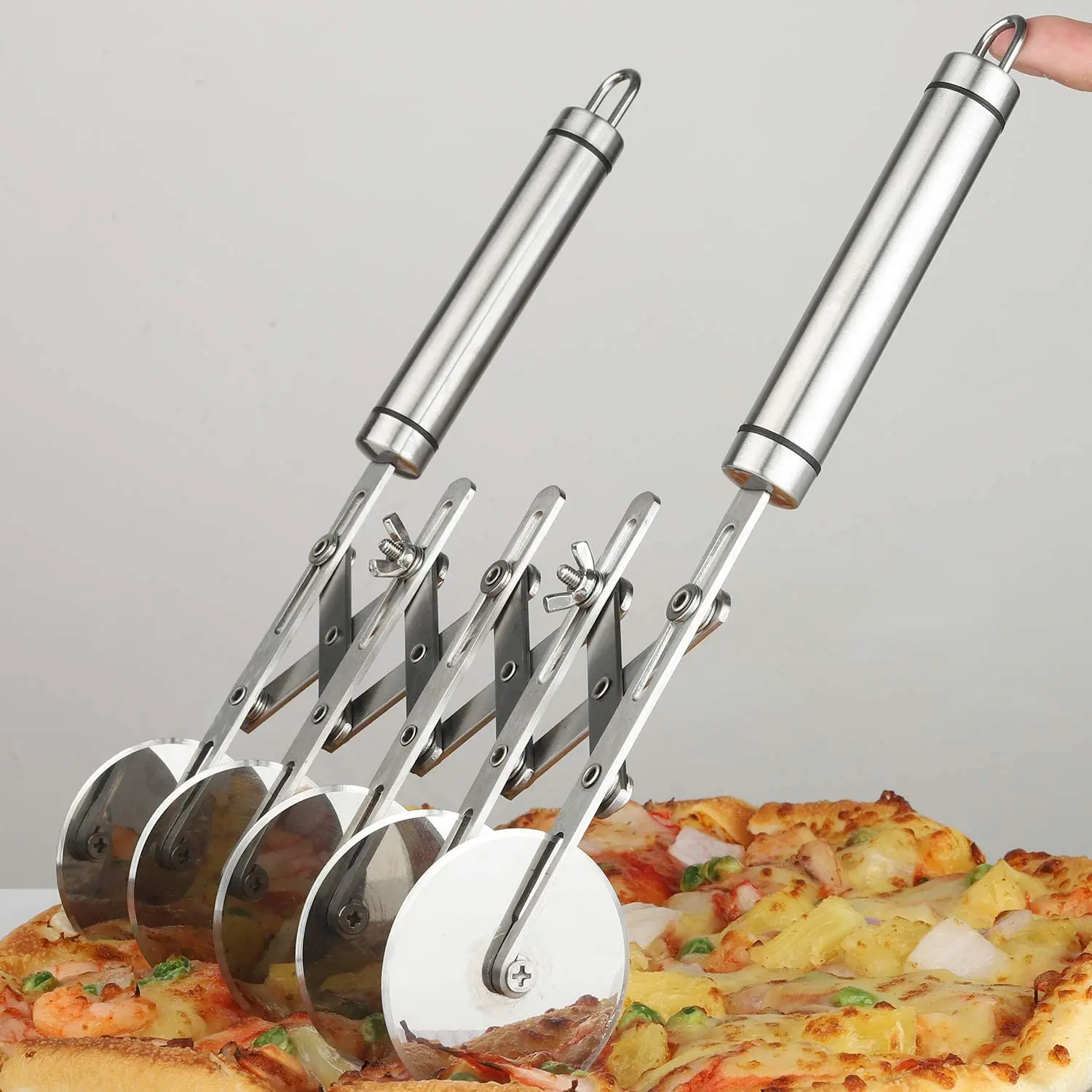 5 Wheel Pastry Cutter with Handle Stainless Steel Double Cutter Adjustable Pizza Slicer Multi-Round Dough Cutter Roller
