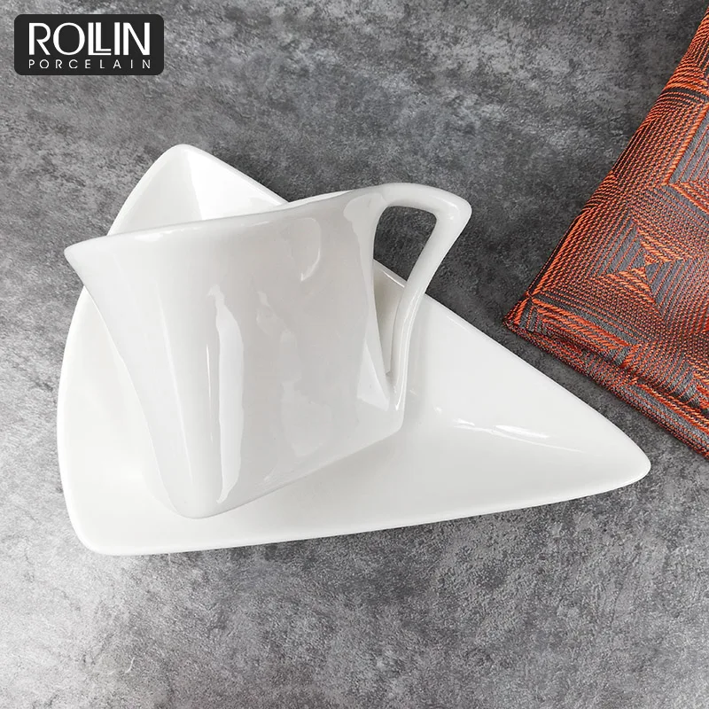 Ceramic Coffee Cups Unique Design Triangle Shape Porcelain Coffee Cups and Saucer Ceramic Espresso  Coffee Cup Set