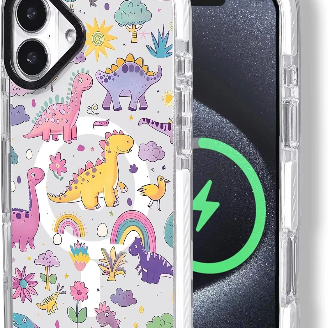 Housses pour iPhone 16 Pro Max Mignon Magnétique Transparent Coloré Motif de Dinosaure pour Filles et Femmes Protection Shockproof