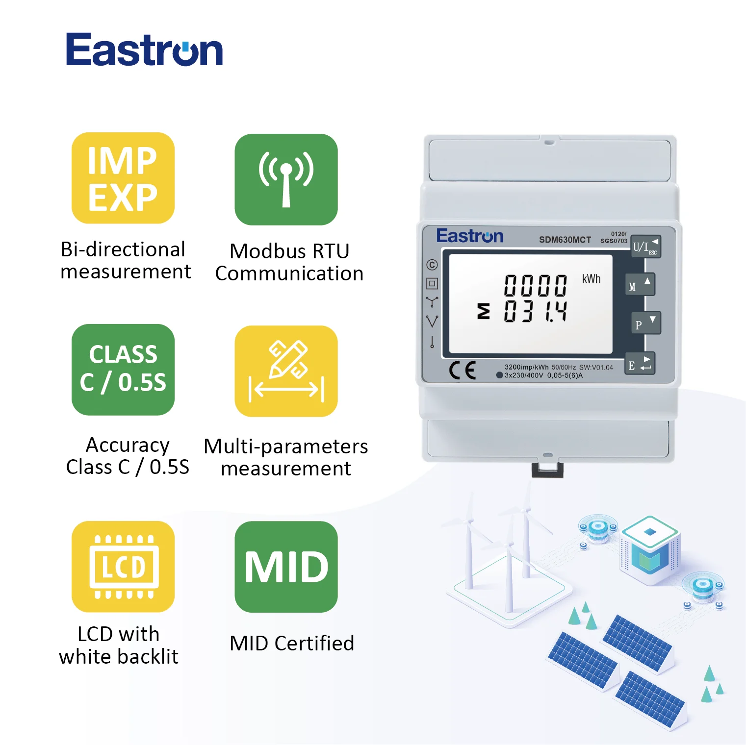 SDM630MCT V2 Three Phase Din Rail Modbus CT Connected Energy Meter Made by EASTRON