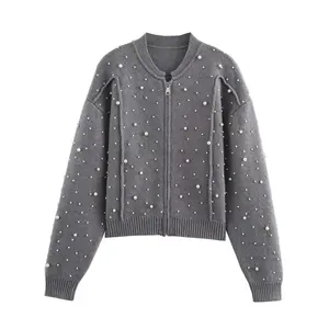 European and American Style Autumn Short Crocheted Women's Full-piece Beads Sweater Long Sleeve Cardigan