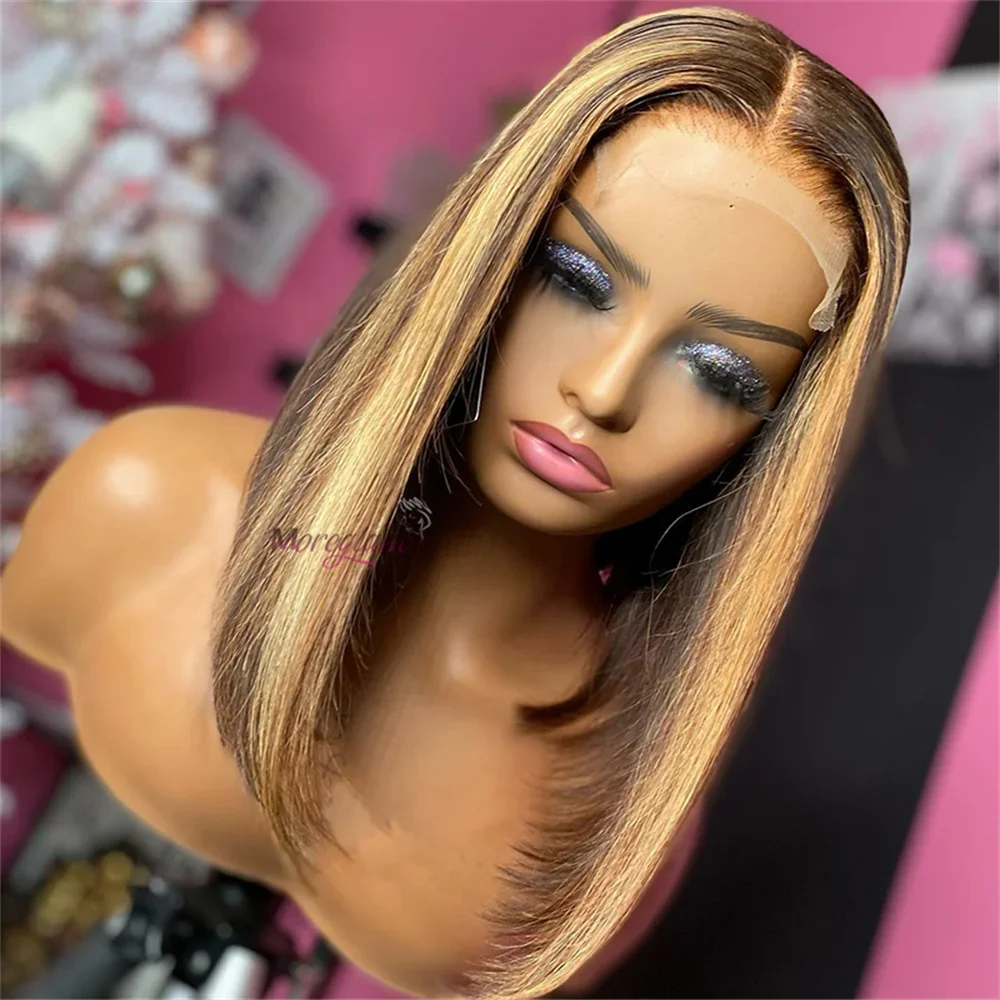 Perruque Bob en cheveux humains raides 13x4 avec dentelle frontale brésilienne courte ombrée_voghion.com