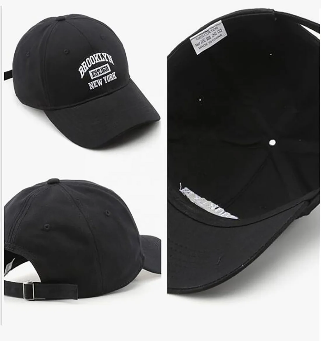 Customized Adult Adjustable Baseball Cap Embroidered Logo of USA Cities-New York Brooklyn Black Baseball Hat Printed Pattern