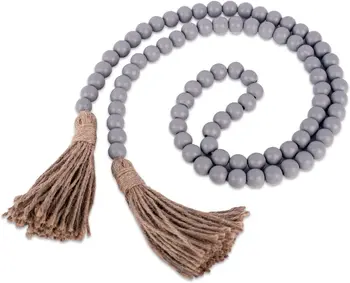 58in Grey Wood Bead Garland with Tassels Wall Hanging Decoration Modern Farmhouse Decor Boho Home Decor Clearance