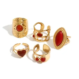 Light Luxury Vintage Style 18k Gold Stainless Steel Open Ring Trendy Natural Red Agate Ring for Men and Women