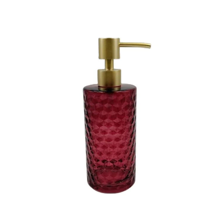 3pcs round Shape Rose Red with Diamond Pattern Glass Soap Dispenser Bathroom Accessory Set