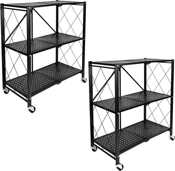 Black Storage Shelf with Wheels Moving Organizer Shelves  for Garage Kitchen Heavy Duty 5-Tier Foldable Metal Rack