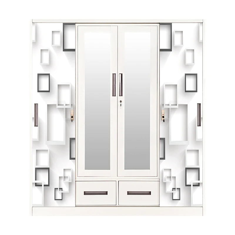 Stylish Printed 4 Door Sliding Wardrobe with Dual Drawers for Bedroom Storage