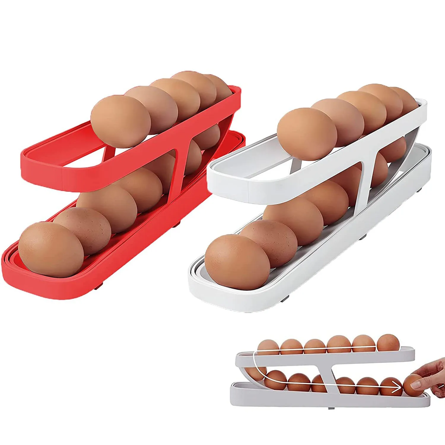 Plastic White Fridge Large Capacity Auto Rolling Egg Dispenser Organizers Rolldown Fridge Egg Holder for Refrigerator
