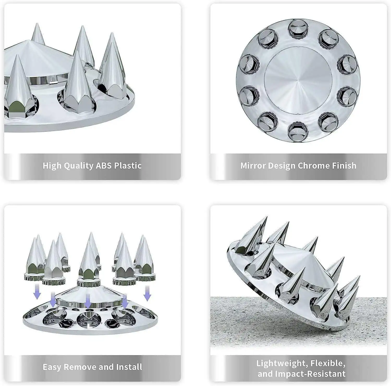 PINOMETAL Custom Removable Hub Caps Chrome Axle Cover Kit 33mm Hubcaps Front Rear Spiked Semi Truck Wheel Nut Cover