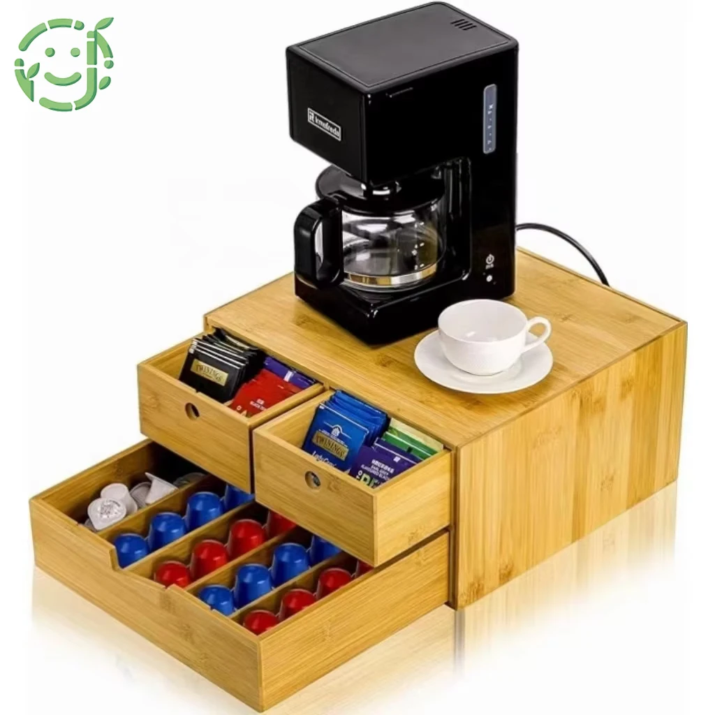 JQ Multi-Functional Bamboo Tea Box Coffee Capsule Holder Tea Bag Organizer Box with Sliding Drawer & Divider